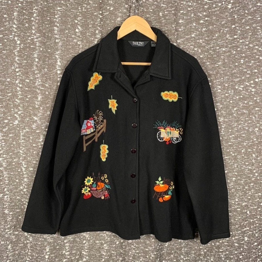 Vintage Take Two Black Button Jacket Autumn Theme Embroidered Women's Large